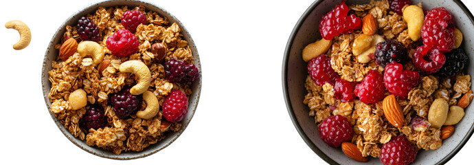 Poster - A top view of a crunchy granola muesli pile with nuts, set against a white background