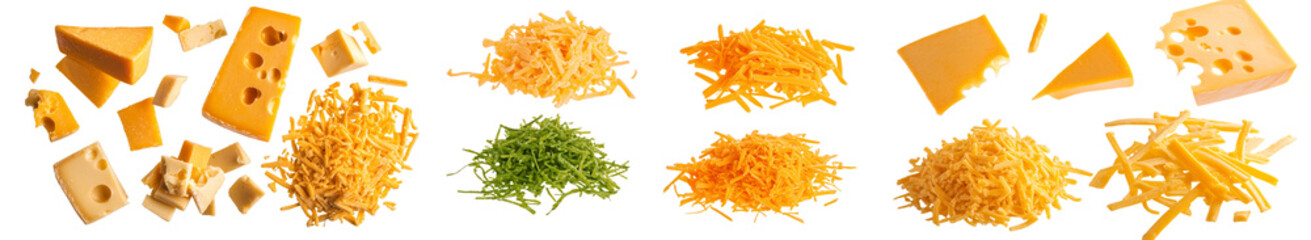 Poster - Falling grated cheese forms a delicious heap of cheese shavings, an isolated set on a transparent background ideal for cooking