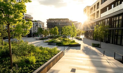 Aufkleber - Urban area bathed in sunlight, featuring modern buildings and lush greenery in a contemporary setting.