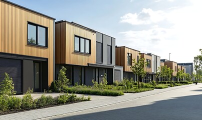 Aufkleber - Modern residential buildings with wooden facades lining a landscaped street under a clear sky.