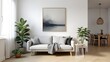 © mustapha - Stylish scandinavian living room with design furniture, plants, bamboo bookstand and wooden desk. Brown wooden parquet. Abstract painting on the white wall. Nice apartment. Modern decor of bright room