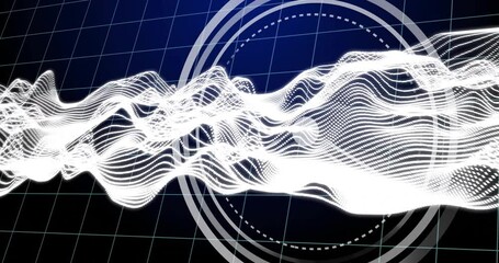 Poster - Animation of abstract white waveforms over grid with circular geometric patterns