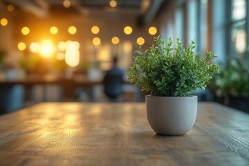 Poster - Office serenity: A small potted plant sits on a wooden table adding a touch of nature to the workspace Peaceful and calming