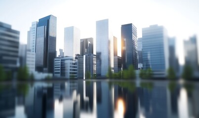Poster - Modern city skyline with reflective water and lush greenery in the foreground.