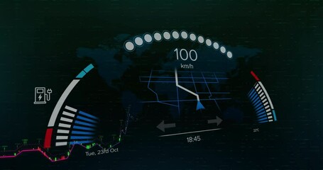Poster - Digital dashboard showing speed, fuel gauge, date with animation over world map