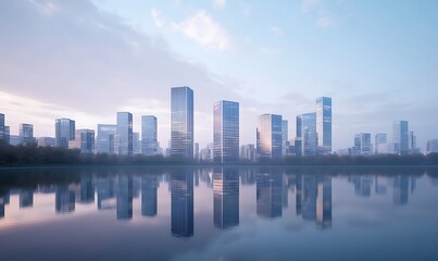 Aufkleber - Modern city skyline reflecting on a calm water surface during twilight.