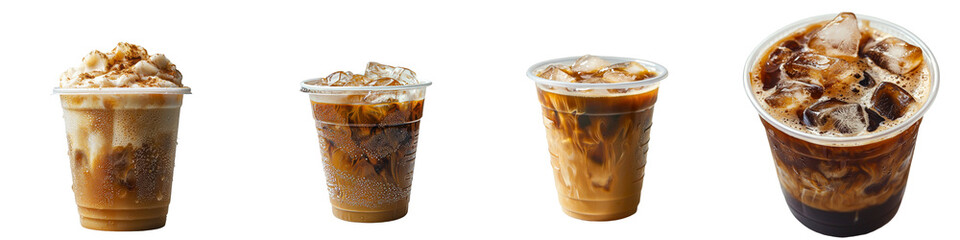 Poster - A clear plastic cup filled with iced latte is presented in isolation alongside associated terms including glass, ice, drink, cola, cold, isolated, soda, beverage, food, tea, dessert, white, cream,