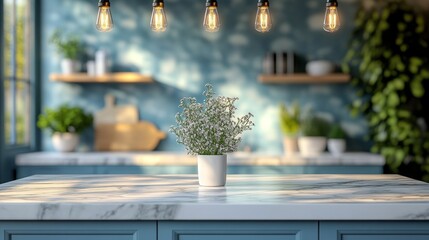Poster - Bright and inviting kitchen space featuring a sleek marble island adorned with a fresh potted plant, under warm pendant lighting that creates a cozy atmosphere