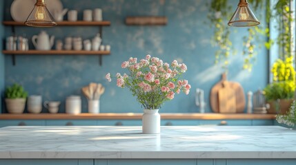 Aufkleber - Bright morning light fills a modern kitchen featuring a pristine marble island. A lovely bouquet of pink flowers stands in a simple vase, enhancing the tranquil atmosphere with touches of nature