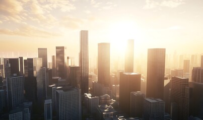 Fototapete - City skyline at sunrise with modern skyscrapers and dramatic lighting.