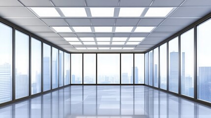  Bright modern office interior with panoramic city view and shiny floor
