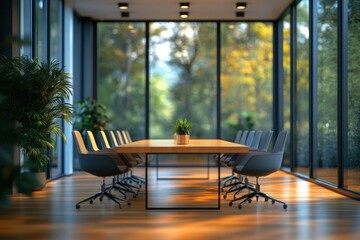 Poster - Sunlit conference room with natural wood table and black chairs framed by floor to ceiling windows revealing lush greenery