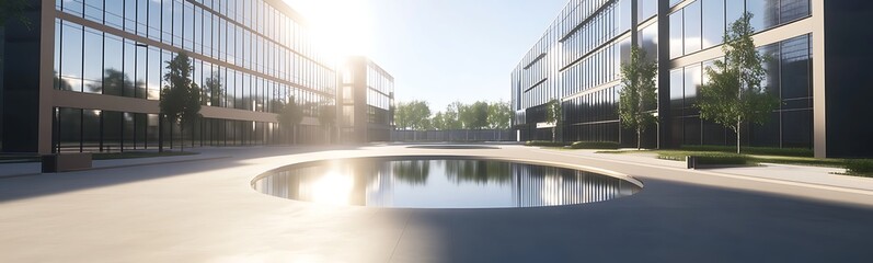 Aufkleber - Modern architecture featuring a sunlit courtyard with a reflective pond and greenery.