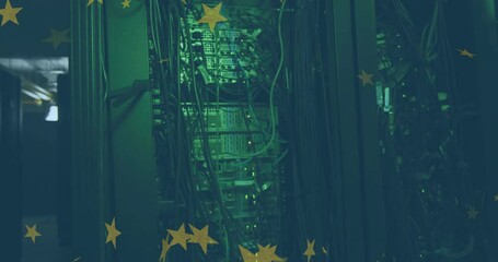 Poster - In server room, tangled cables and glowing lights with animation of stars overlaying