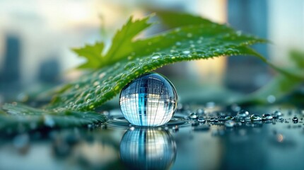 Fototapete - A close-up image of a water droplet resting on a green leaf surrounded by droplets on a reflective surface.