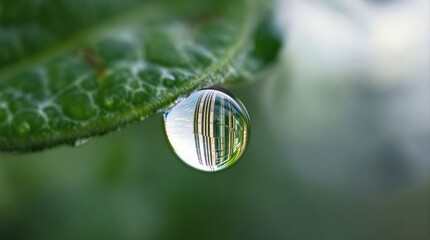 Fototapete - A close-up image of a water droplet resting on a green leaf.