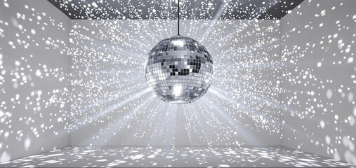 Fototapete - A glimmering disco ball is suspended from the ceiling, casting vibrant light patterns across a stark white room.