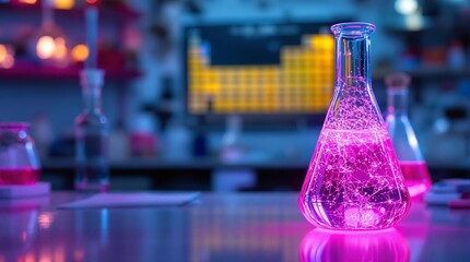 Poster - A vibrant laboratory scene featuring a glowing pink flask filled with liquid, set against a blurred background of colorful laboratory equipment.