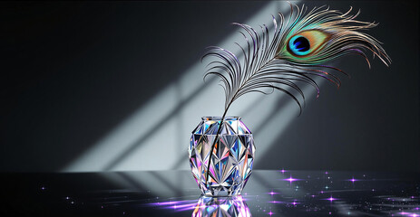 Fototapete - A crystal vase with a peacock feather is placed on a reflective surface, illuminated by angled light. The scene captures a blend of elegance and color.