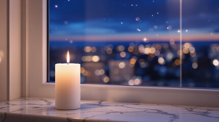 Aufkleber - A lit white candle positioned on a window sill during dusk.