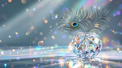 Poster - A striking image featuring a peacock feather emerging from a crystal vase, set against a sparkling background.