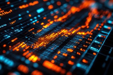 abstract financial data visualization with orange and blue glowing elements represents market trends