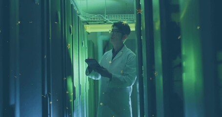 Poster - Examining data on tablet, scientist in lab coat in green-lit corridor