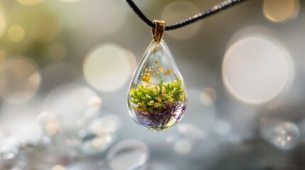 Fototapete - A delicate pendant featuring a teardrop of resin encapsulating vibrant green moss and small flowers, hanging from a dark cord.