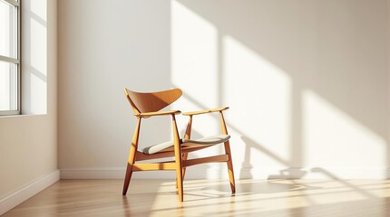 Aufkleber - A wooden chair positioned in a sunlit room with large windows.