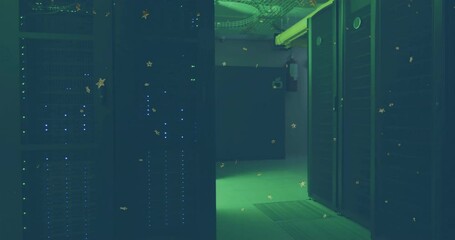 Poster - Data servers in dimly lit room with floating star animation overlay