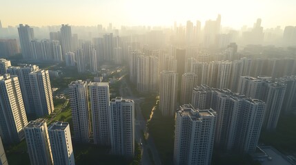 Fototapete - Aerial view of a modern city skyline with high-rise buildings shrouded in morning haze.