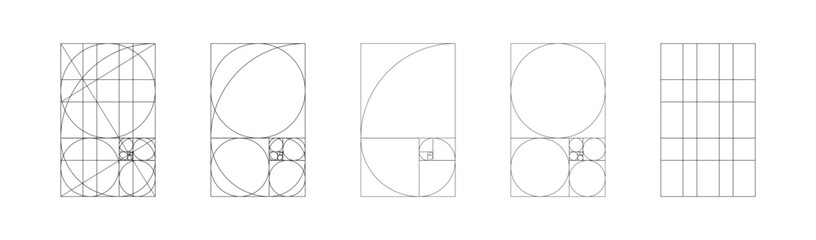 Golden ratio template minimalist set. Method golden section mockups. Fibonacci array, numbers forms. Harmony proportions frames. Outline graphic illustration.
