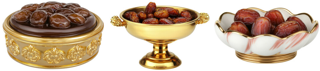 Leinwandbilder - Sweet dried dates have been placed in an oriental cup and isolated on white