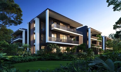 Aufkleber - Modern apartment buildings surrounded by lush greenery at dusk, showcasing contemporary architecture.