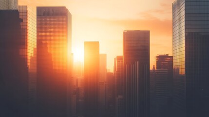 Aufkleber - Urban skyline at sunset with skyscrapers silhouetted against a colorful sky.