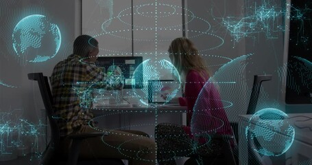 Poster - Collaborating in office, people using animation of digital globe and network connections