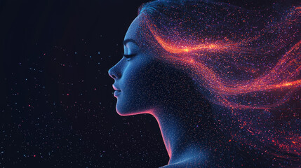 Poster - Digital art of woman with flowing hair, illuminated by cosmic lights