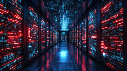 Poster - futuristic data center with glowing servers and vibrant lights