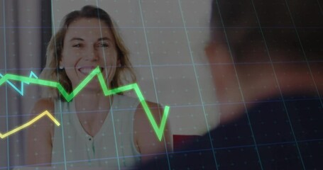 Poster - In office, woman smiling with financial graph animation on computer screen