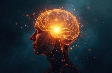 Wall Mural - Abstract visualization of mental health: the interweaving of bright and dark lines, symbolizing emotions. In the center is a luminous core surrounded by chaotic, but ordered forms