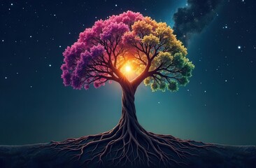 Wall Mural - tree with roots made of tangled threads, representing thoughts and emotions