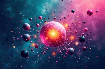 Wall Mural - Abstract depiction of mental health: a kaleidoscope of geometric shapes, some sharp and fragmented, others smooth and flowing. In the center, a glowing sphere radiates calming energy. Colors: teal, ma