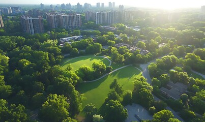 Aufkleber - Aerial view of a lush green park surrounded by urban buildings at sunset.