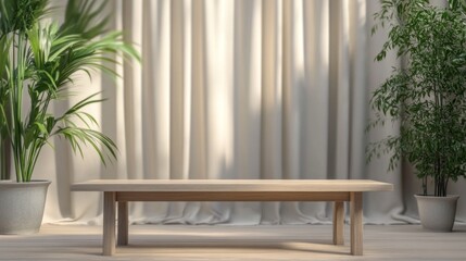 Poster - An inviting wooden table stands empty, surrounded by soft curtains and vibrant plants. The blurred background enhances the calm atmosphere, perfect for a cozy gathering or reflection
