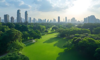 Aufkleber - Urban skyline with lush greenery in the foreground, bathed in warm sunlight.