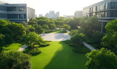 Aufkleber - Lush green landscape with modern buildings and a clear sky in the background.