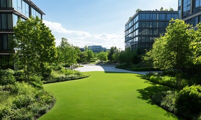 Aufkleber - Lush green landscape surrounded by modern buildings under a bright blue sky.