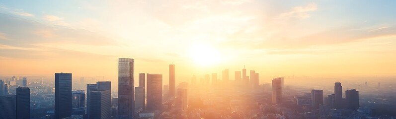 Poster - City skyline at sunrise with soft light illuminating tall buildings against a colorful sky.