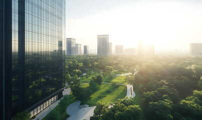 Poster - Modern urban landscape with glass buildings amidst lush greenery and sunlight streaming through.