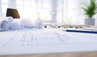 Fototapete - Blueprints and design plans on a desk in a bright, modern workspace.